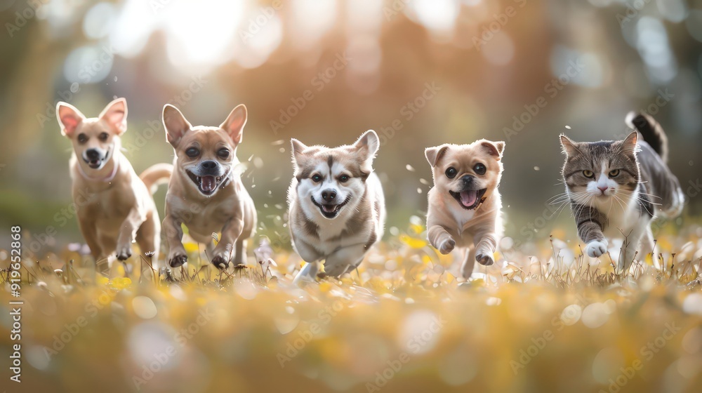 Playful Pets Running Through a Sunny Field Playful Pets Running Through a Sunny Field