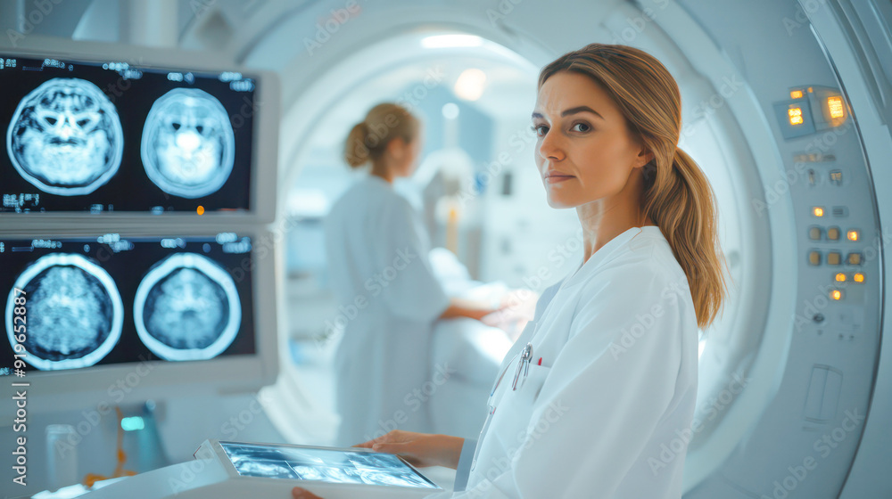 Doctor examining X-ray images on display in MRI control room. Generative AI Doctor examining X-ray images on display in MRI control room. Generative AI