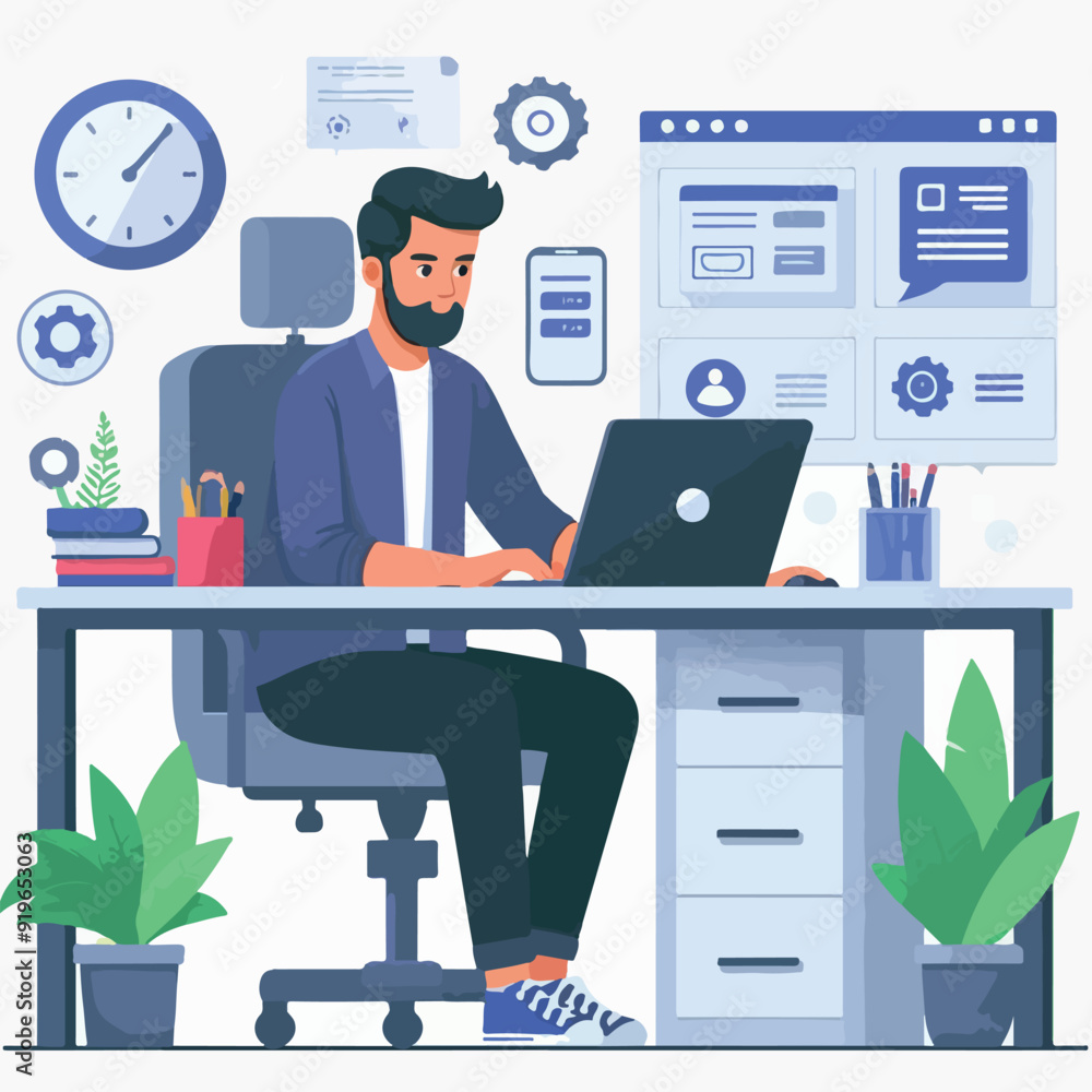 A man working in an office illustration cartoon designer A man working in an office illustration cartoon designer