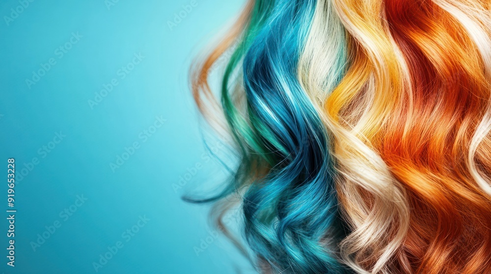 Close-up of wavy blue, white, orange, and red hair against a light blue background. Close-up of wavy blue, white, orange, and red hair against a light blue background.