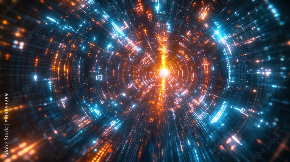 A bright orange light is shining in a tunnel of blue and orange lights, The tunnel is filled with a variety of colors and shapes. Generative AI A bright orange light is shining in a tunnel of blue and orange lights, The tunnel is filled with a variety of colors and shapes. Generative AI