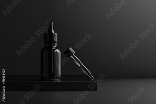 A simple, dark mockup of a glass container with a pipette on a black background, Generative AI.