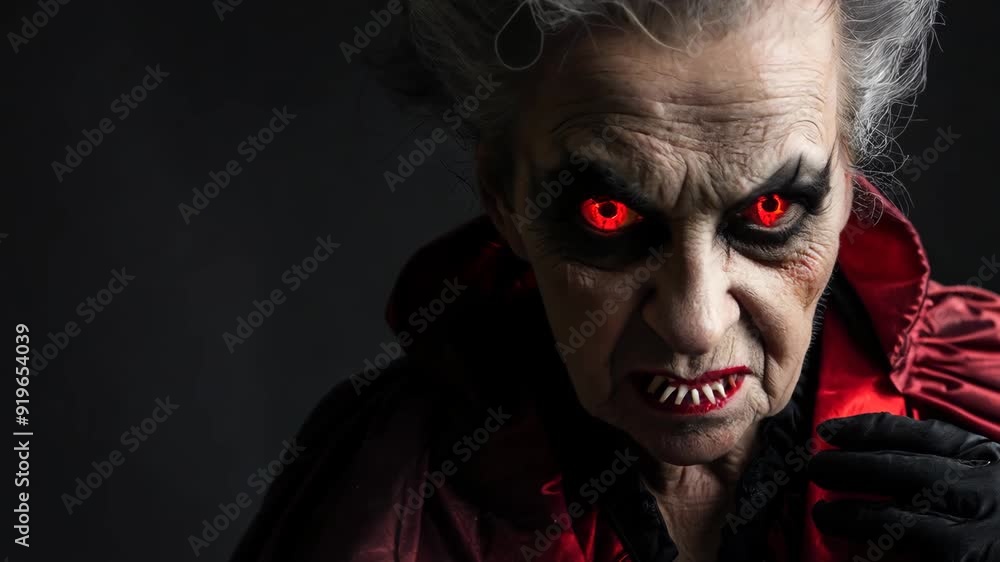 Сlose-up video of an elderly vampire with glowing red eyes, pale skin, and sharp fangs, dressed in a dark, gothic cloak. The vampire's menacing expression and intense gaze evoke horror and supernatura Сlose-up video of an elderly vampire with glowing red eyes, pale skin, and sharp fangs, dressed in a dark, gothic cloak. The vampire's menacing expression and intense gaze evoke horror and supernatura
