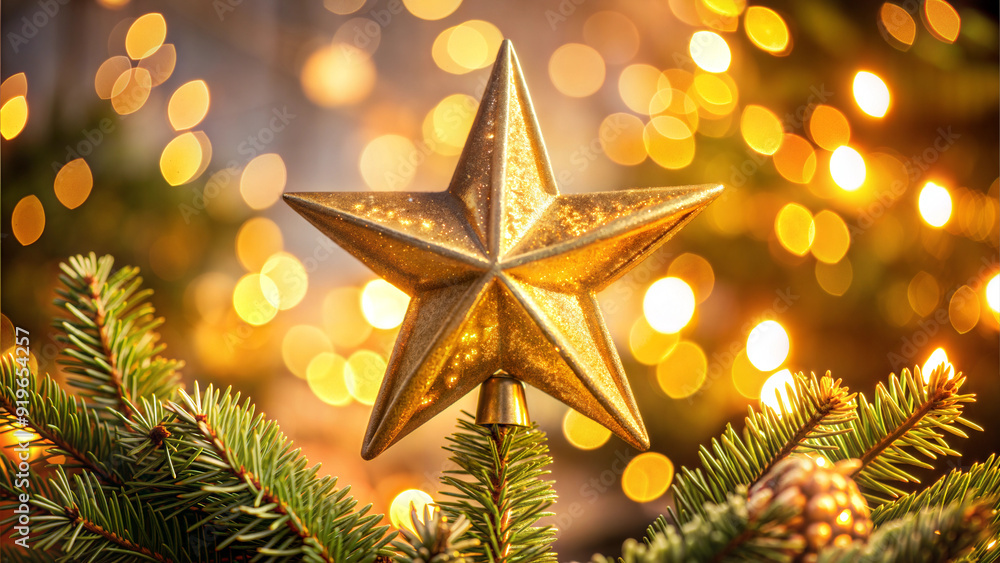 Golden star ornament hanging on a Christmas tree with twinkling lights Golden star ornament hanging on a Christmas tree with twinkling lights