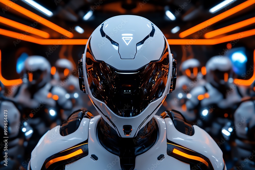 Fototapeta premium Futuristic robots in sleek armor with blue lights, standing in formation inside a technologically advanced environment.