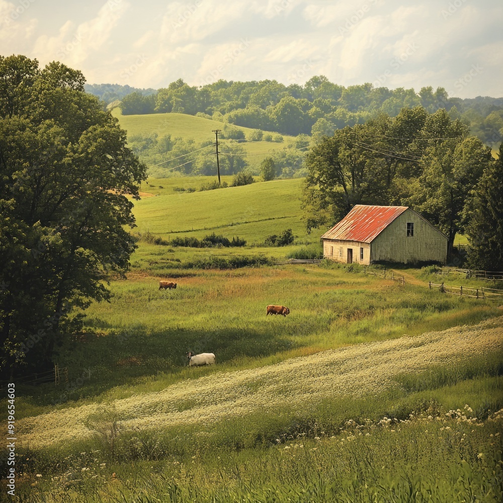 Life Abundant. Rolling Countryside Beauty with Grazing Animals in Quaint Farmhouse Setting Life Abundant. Rolling Countryside Beauty with Grazing Animals in Quaint Farmhouse Setting