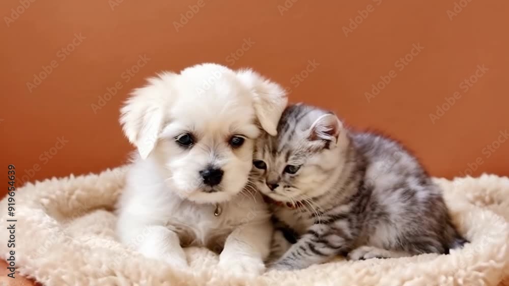 A heartwarming scene of a puppy and kitten cuddling together in a cozy setting, showcasing their friendship and innocence. A heartwarming scene of a puppy and kitten cuddling together in a cozy setting, showcasing their friendship and innocence.