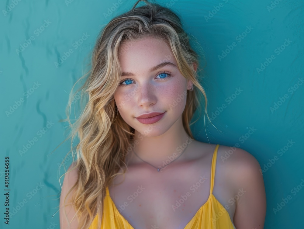 Sunlit Beauty in Yellow Summer Dress Against Blue. Generative AI. Sunlit Beauty in Yellow Summer Dress Against Blue. Generative AI.