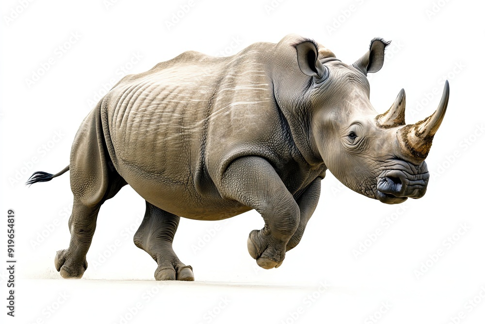 Fototapeta premium Rhinoceros charging and snorting isolated on a white background