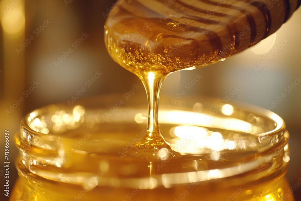 Honey drizzling from wooden spoon into jar Honey drizzling from wooden spoon into jar