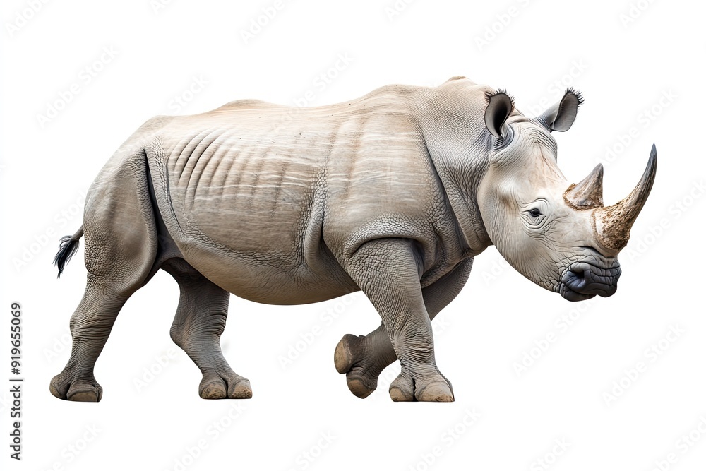 Fototapeta premium Rhinoceros charging and snorting isolated on a white background