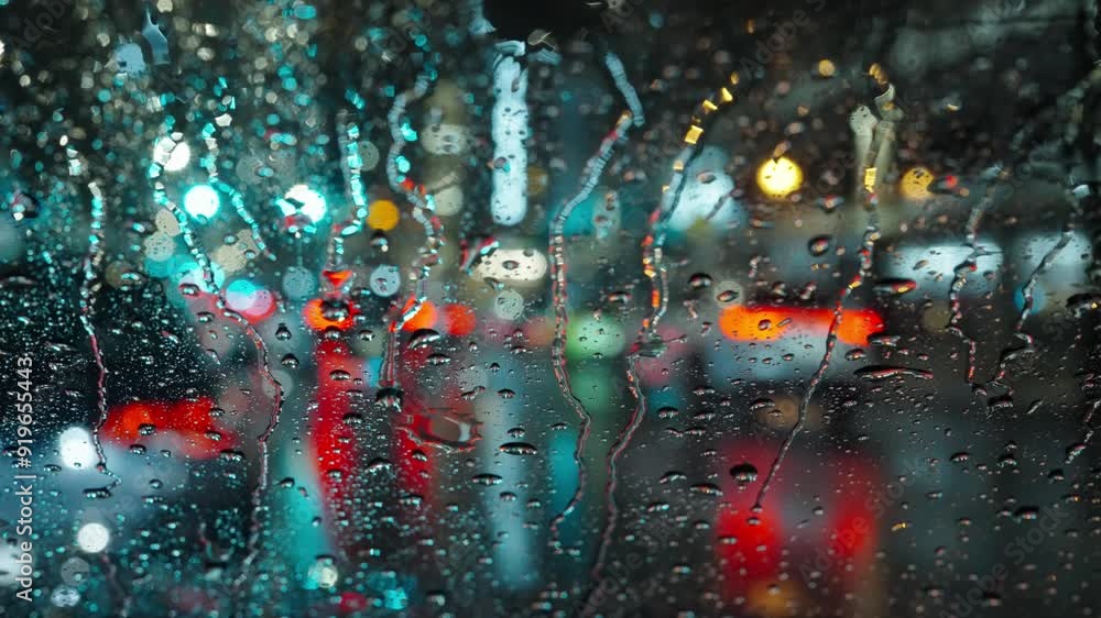 Lights of the evening city and passing cars through a wet rainy window. Lights of the evening city and passing cars through a wet rainy window.