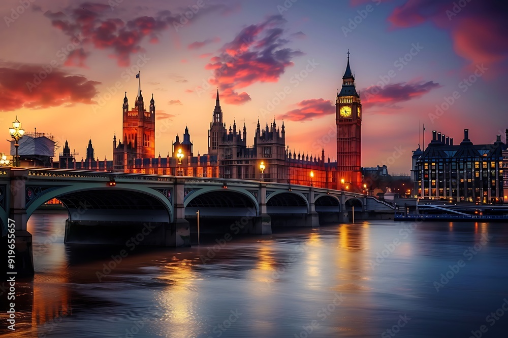 Iconic bridge with a city skyline at sunset. Iconic bridge with a city skyline at sunset.