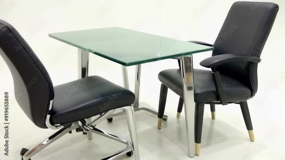 A modern glass table with two elegant chairs in a minimalist office setting, suggesting collaborative workspace design. A modern glass table with two elegant chairs in a minimalist office setting, suggesting collaborative workspace design.