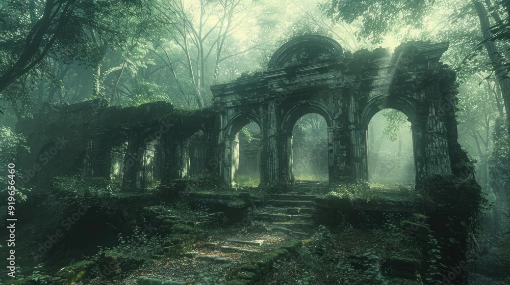 Ruined Archway in a Foggy Forest Ruined Archway in a Foggy Forest