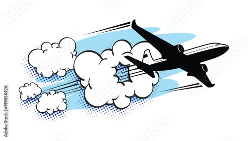 Airplane flies through cloud. Pop art retro vector in comic book style on transparent background.  