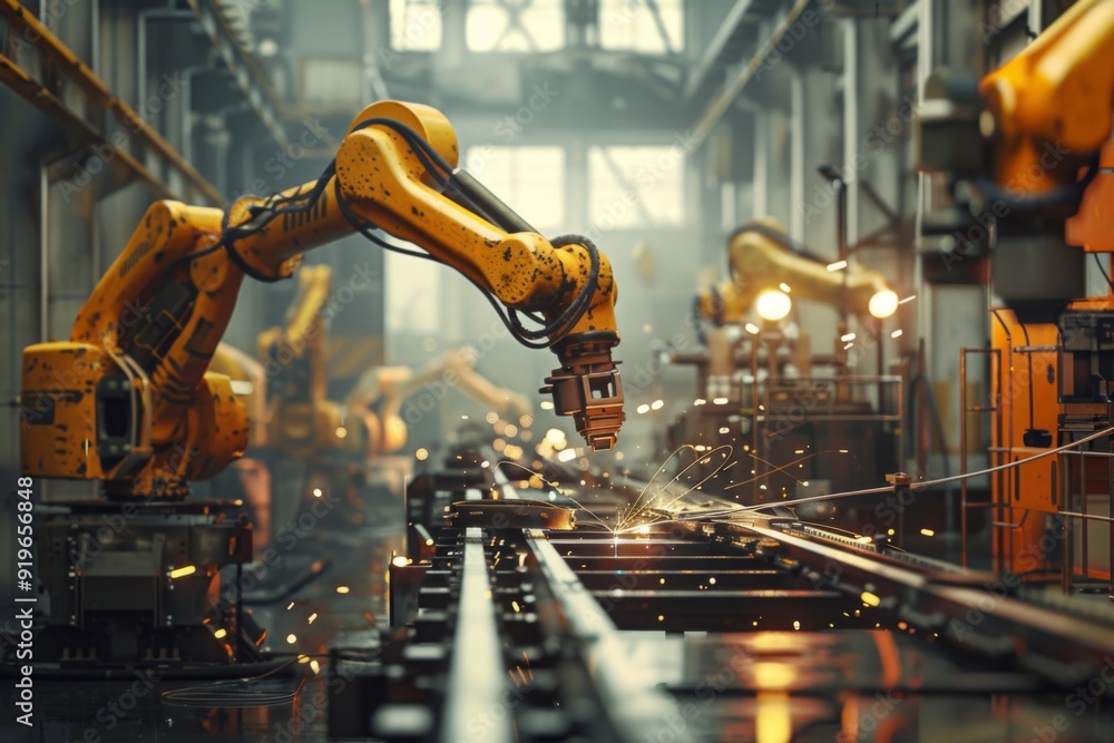 Interior of a factory with robotic arms welding Interior of a factory with robotic arms welding