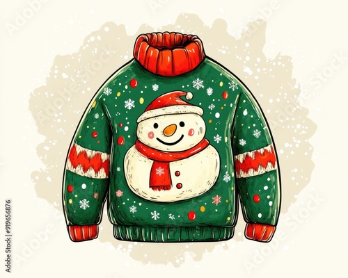 Ugly Christmas Sweater Cartoon. Cozy Winter Sweater with Festive Holiday Decorations photo