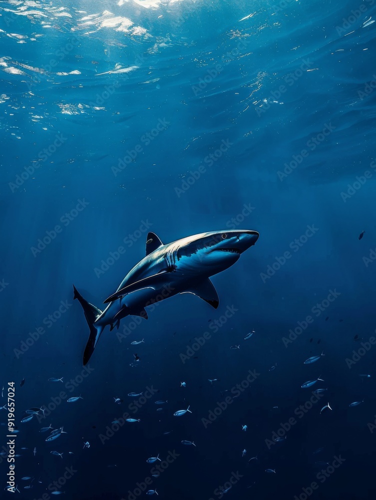 Fototapeta premium A shark swimming underwater, with rays of sunlight shining through the water surface. Shark in the deep blue ocean
