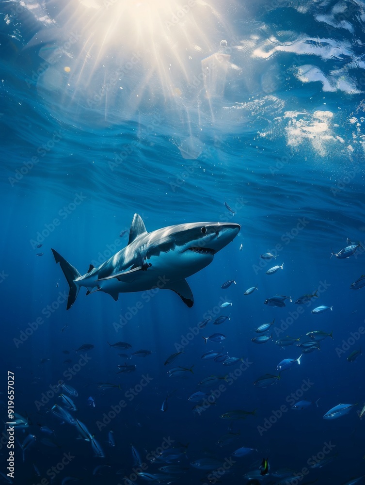 Fototapeta premium A shark swimming underwater, with rays of sunlight shining through the water surface. Shark in the deep blue ocean