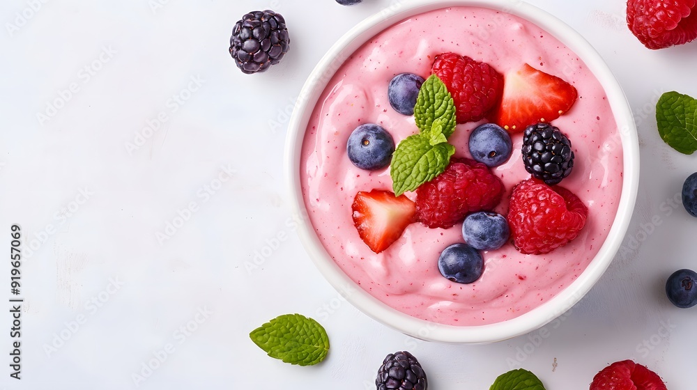 Vegan smoothie bowl with fresh fruits, bright lighting, high clarity, healthy breakfast, realistic details, colorful ingredients, top-down view, White background Vegan smoothie bowl with fresh fruits, bright lighting, high clarity, healthy breakfast, realistic details, colorful ingredients, top-down view, White background