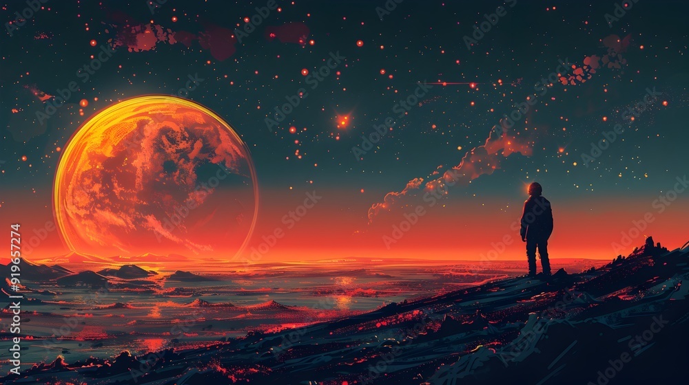 Surreal Cosmic Landscape with Glowing Red Moon and Lone Figure Against Backdrop of Swirling Clouds Surreal Cosmic Landscape with Glowing Red Moon and Lone Figure Against Backdrop of Swirling Clouds