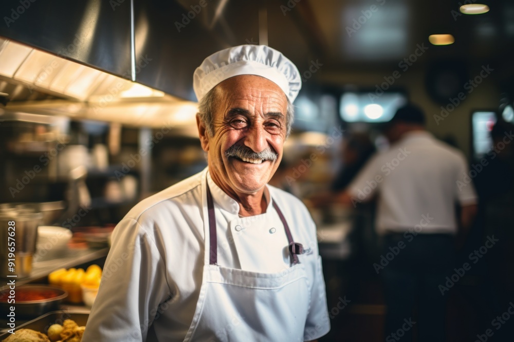Smiling portrait of a senior chef working in kitchen Smiling portrait of a senior chef working in kitchen