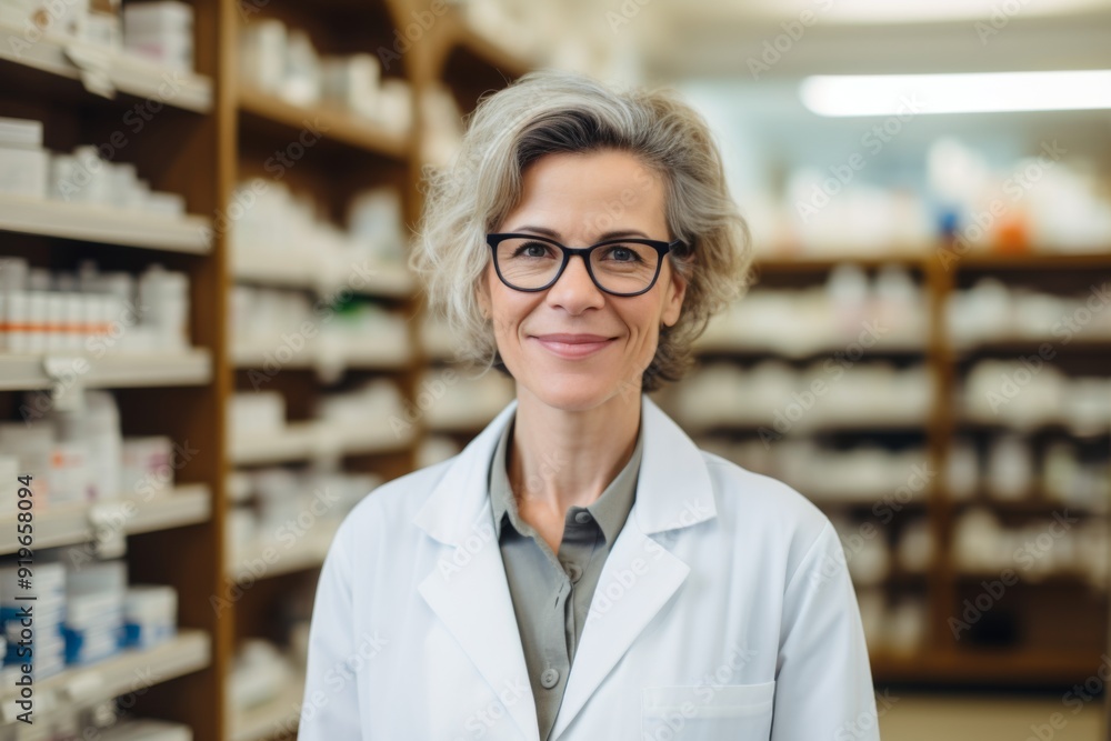 Smiling portrait of a middle aged female pharmacy worker Smiling portrait of a middle aged female pharmacy worker