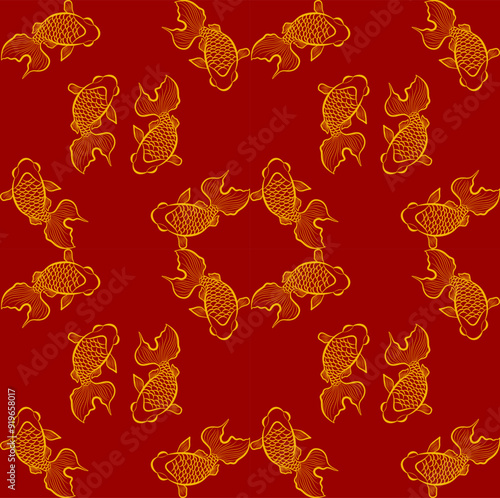 golden asian traditional pattern, goldfish seamless pattern, red background, gold color, festival asian ornament style 