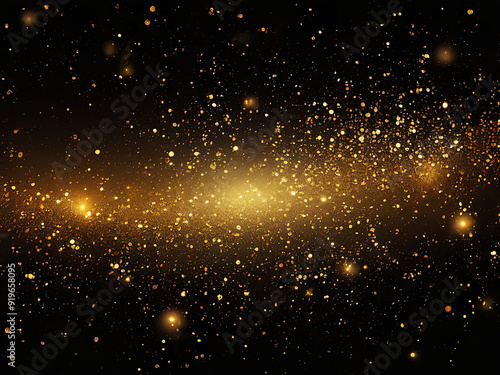 Abstract black background with golden glitter and bokeh effect.