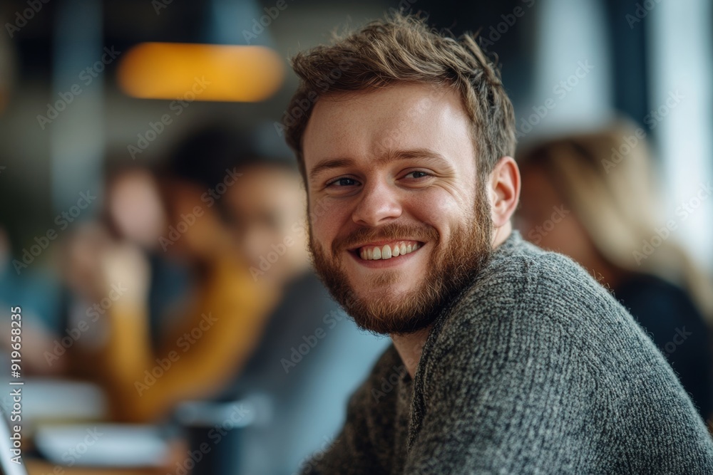 Fototapeta premium Retail worker with Down syndrome smiling during a staff meeting, Generative AI