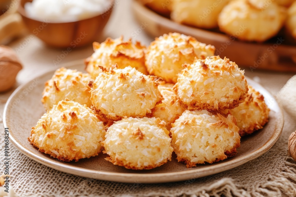 Macaroon Coconut. Delicious Coconut Macaroons on Plate with Copy Space Macaroon Coconut. Delicious Coconut Macaroons on Plate with Copy Space
