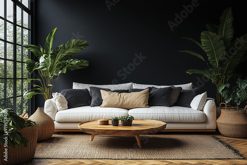 The minimalist interior design of a modern living room with dark gray walls, a white sofa and a wooden coffee table near the window with a black background photo