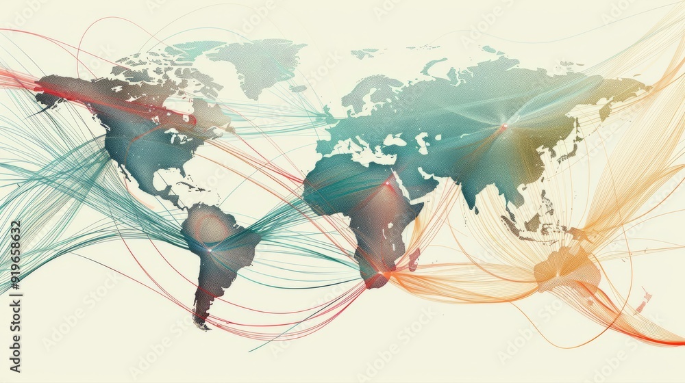 Obraz premium A world map with interconnected lines highlighting international trade routes, showcasing economic cooperation