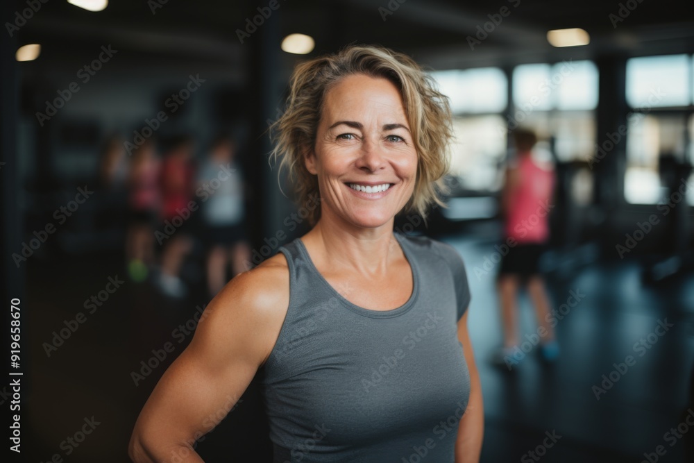 Smiling portrait of a slightly overweight middle aged woman in gym Smiling portrait of a slightly overweight middle aged woman in gym