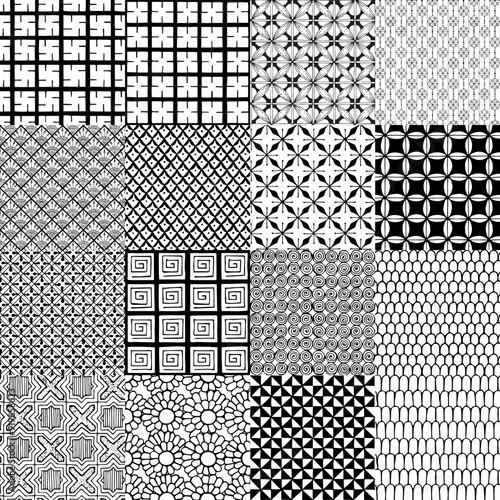 Lots of black and white backgrounds in the style of mehendi patterns, henna designs. Seamless backgrounds in Indian style.