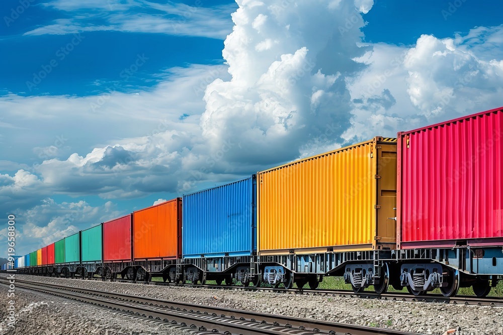 Colorful cargo trains on a railway below the blue sky, Generative AI. Colorful cargo trains on a railway below the blue sky, Generative AI.