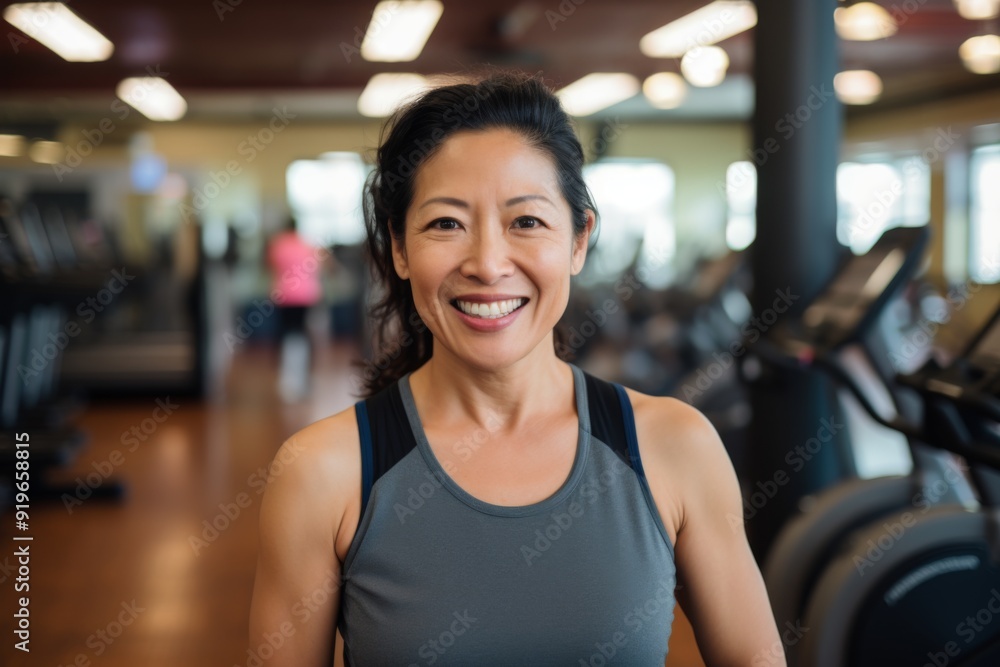 Smiling portrait of a slightly overweight middle aged woman in gym Smiling portrait of a slightly overweight middle aged woman in gym
