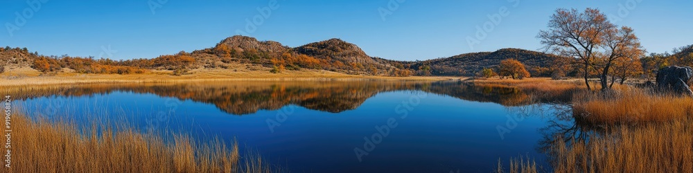 Oklahoma Lake. Panoramic Landscape of Lost Lake in the Autumn Morning at Wichita Mountains Wildlife Refuge Oklahoma Lake. Panoramic Landscape of Lost Lake in the Autumn Morning at Wichita Mountains Wildlife Refuge