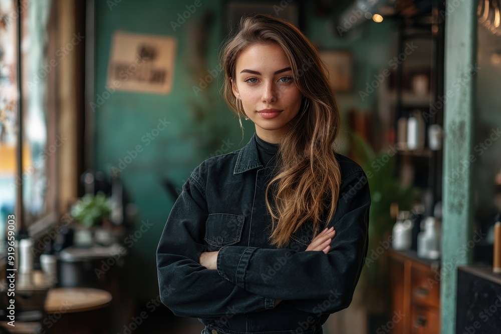Female hairdresser standing in salon, Generative AI Female hairdresser standing in salon, Generative AI