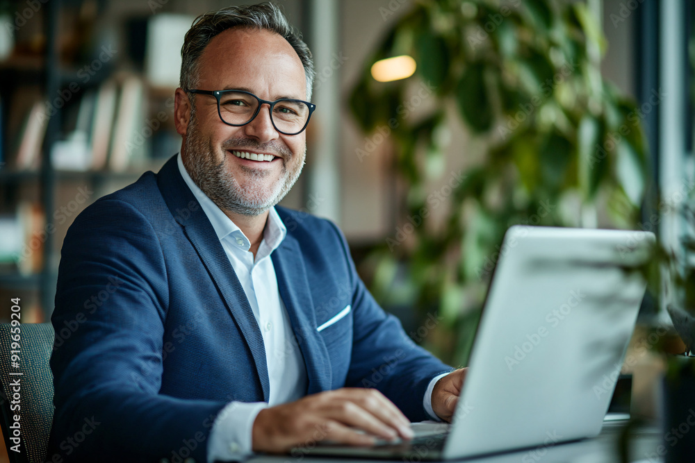 Smiling Businessman Working on Laptop in Office. Smiling Businessman Working on Laptop in Office.