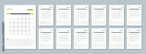 2025 calendar template. Monthly planner diary. The week starts on Sunday. Set of 12 months pages.