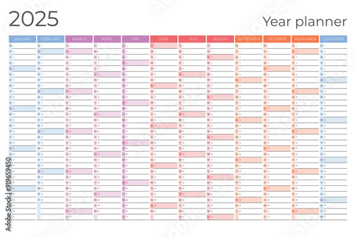 2025 yearly calendar.  Planner template. Vector business organizer.