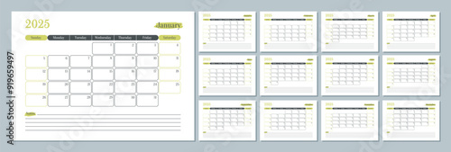 2025 calendar template. Monthly planner diary. The week starts on Sunday. Set of 12 months pages.
