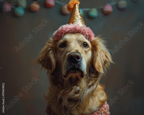 A dog wearing a party outfit and a Birthday BoyGirl tag photo