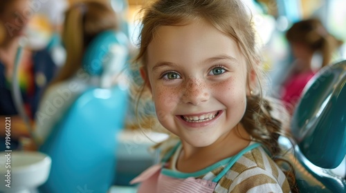 A young girl smiles brightly while sitting in a dentist's chair, showcasing happy and healthy teeth.