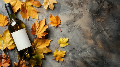 Copy space with a white wine bottle and autumnal leaves, Generative AI.