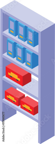 Archive storage shelving unit holding files and boxes isometric icon