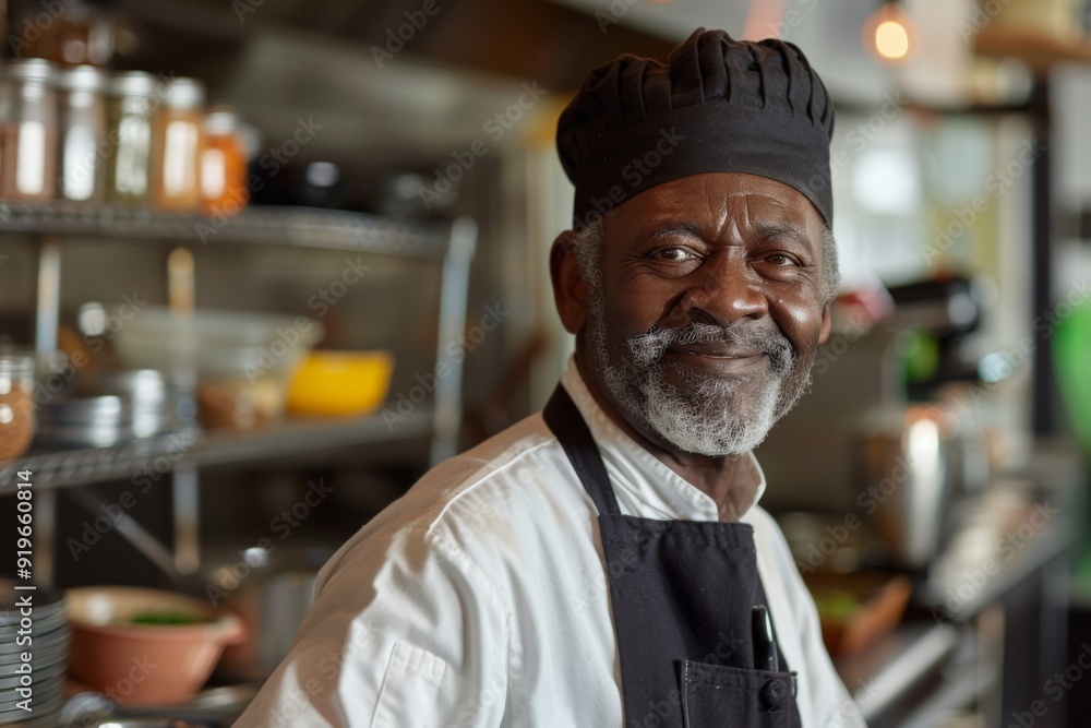 Smiling portrait of a senior chef working in kitchen Smiling portrait of a senior chef working in kitchen