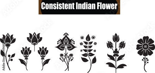 Consistent Indian Flower Modern Black Silhouette Design Elements